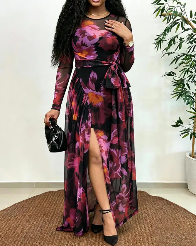 

Women's Dress Summer New Elegant Personality Sexy Style Perspective Mesh Flower Print Lace Up Waist Cinching Slit Design Dress