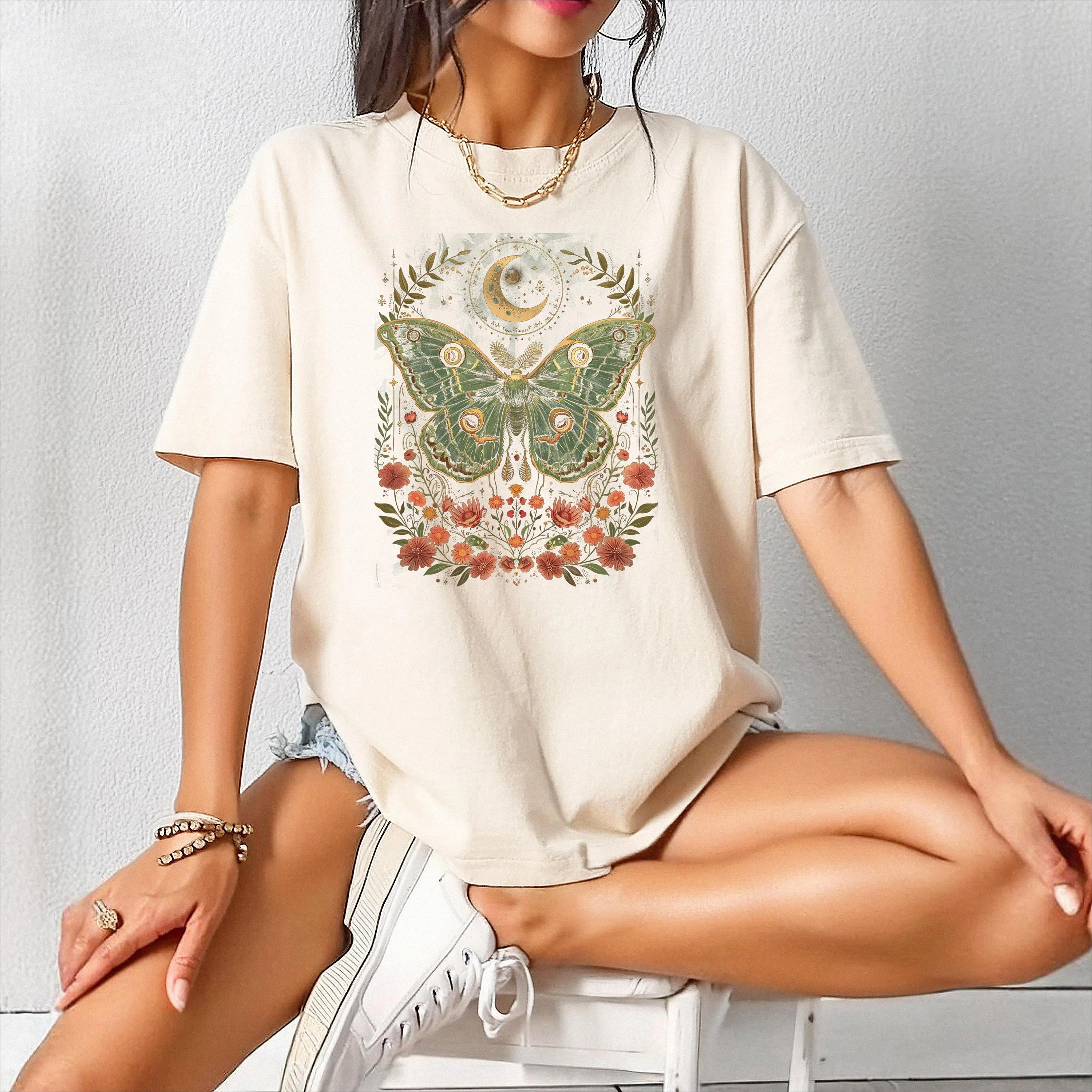 Camiseta de Verano 2026 para Mujer, Estilo Vintage Retro con Mariposas y Polillas, Unisex, de Algodón Transpirable, Manga Corta, Holgada y Casual