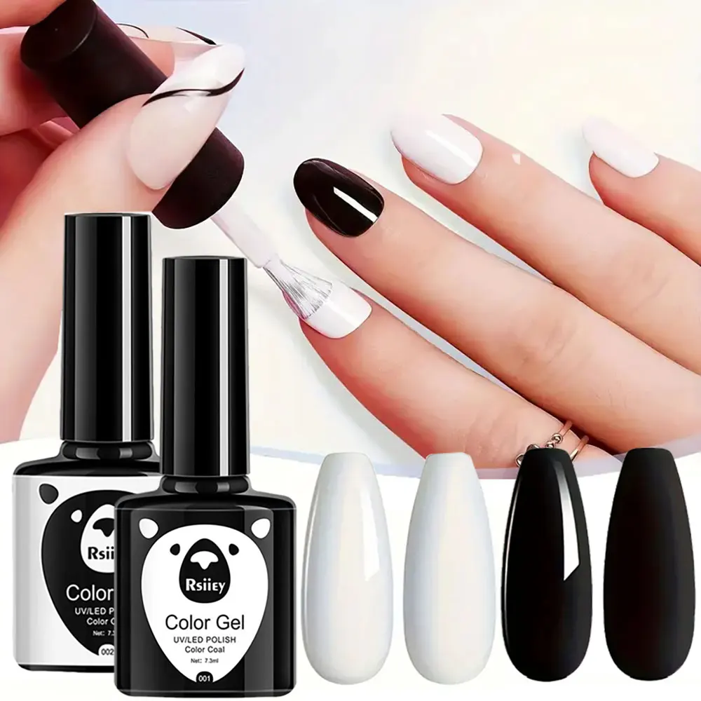 1/2 Uds. Esmalte de uñas en Gel blanco y negro, 7,3 ml, Color sólido, esmalte de uñas en Gel LED UV, Base superior de barniz en Gel blanco y negro