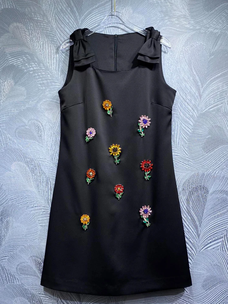 

SEQINYY Elegant Mini Dress Summer Spring New Fashion Design Women Runway Bow Vintage Flower Beading Black Vest Slim