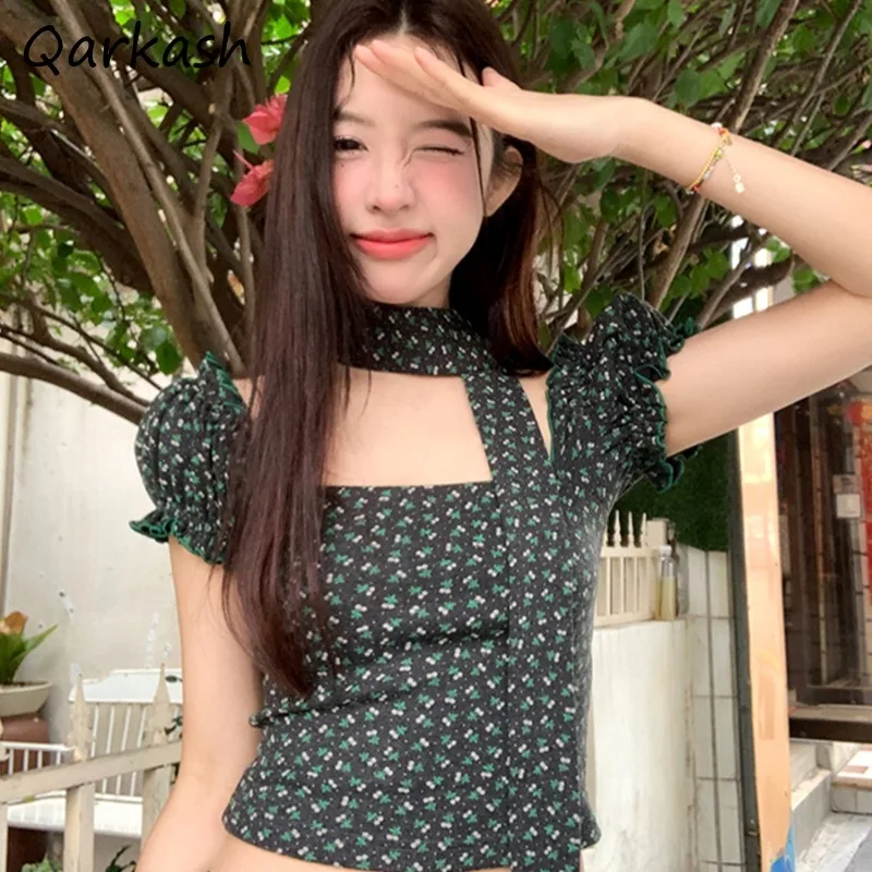 

Floral Printed Blouses Women Off Shoulder Puff Sleeve Vintage Slim Summer Slash Neck Tops Design Crop Korean Chic Streetwear