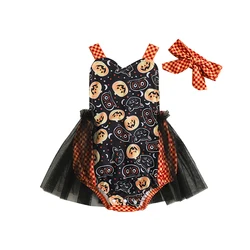 Infant Baby Girl Halloween Outfit Clothes Pumpkin Owl Print Sleeveless Backless Romper Ruffle Mesh Tulle Dress