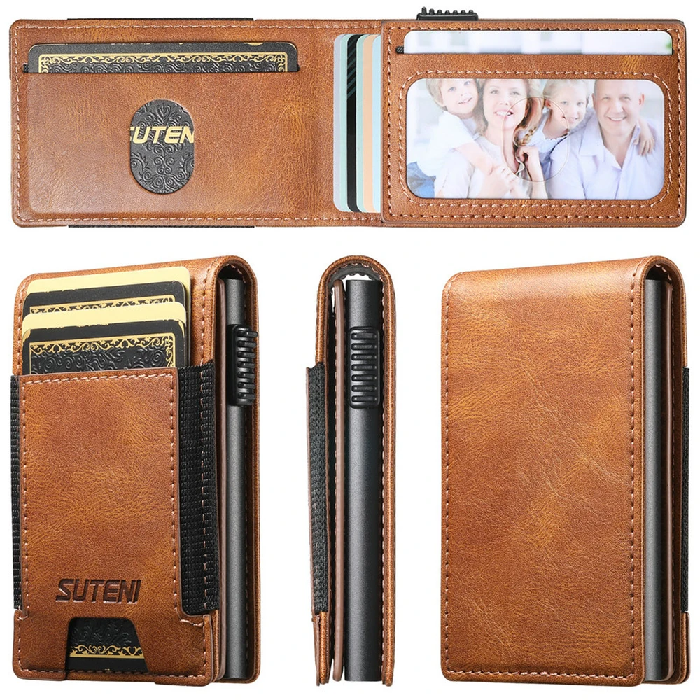 

Fashion High quality Leather PU For Men Wallet Card Slot Flip Case Card box Pressing The Button Automatically Ejects The Card