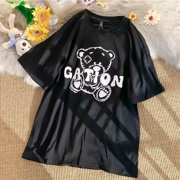 Japanese Niche Bear Print Short-sleeved T-shirt Women's Trendy Brand Loose All-match Girls Couple Half-sleeve Tops for Women