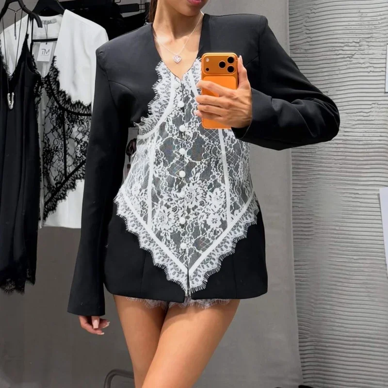 

Fashion Workplace Style Deep V-neck Lace Splicing Contrasting Color Blazer Front Shoulder Waist Sexy Long Sleeves