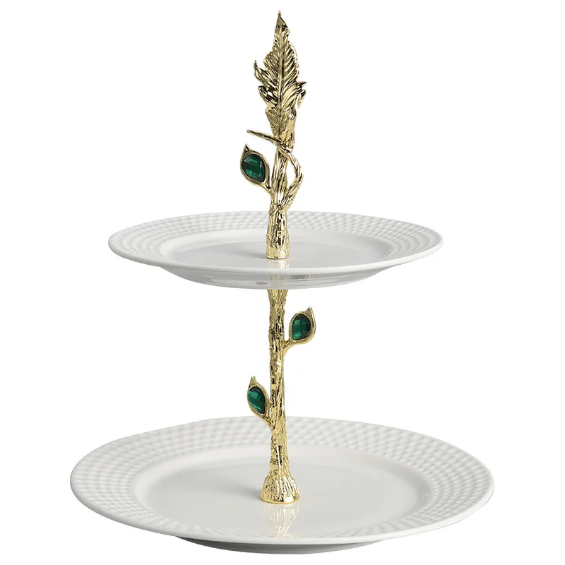 

European light luxury gold double-layer fruit plate high-end sense white ceramic dessert shelf