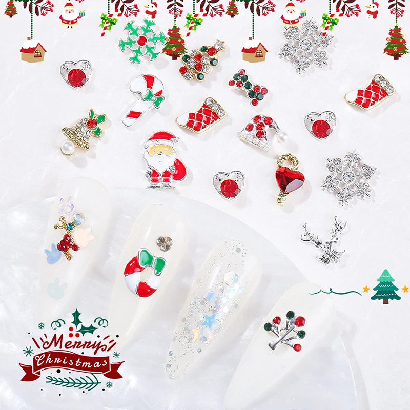 5 pezzi di fascino per unghie di Natale con diamanti simpatici regali di Babbo Natale 3D pupazzo di neve ciondoli in lega accessori per nail art con retro piatto forniture per manicure