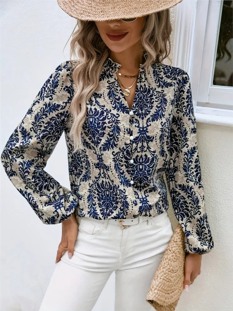 Moda Vintage Print Bluzka Top Kobiety 2024 Wiosna Jesień Casual V-neck Długi rękaw Guziki Koszule Topy Biuro Lady Party Top