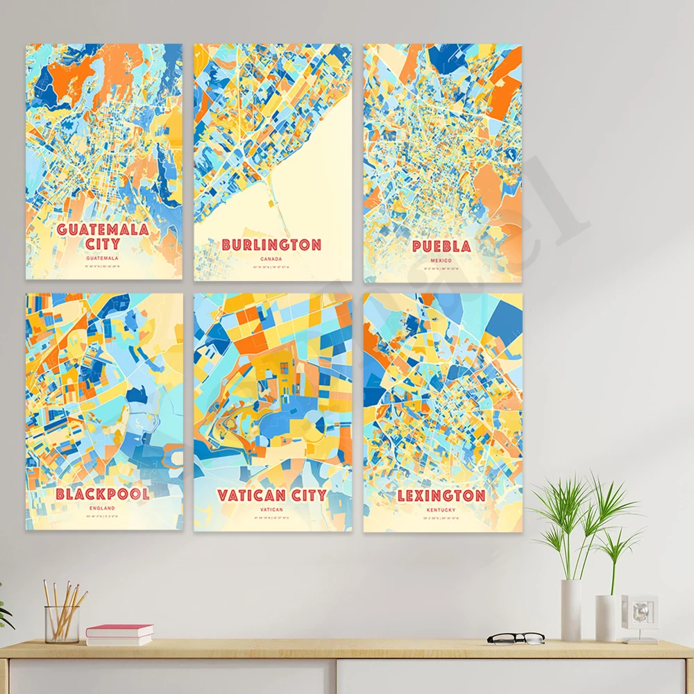 Lexington Indiana Monterey Guatemala Nashville Vatican Garland Puebla Gilbert Chesapeake Burlington. City Color Map Poster