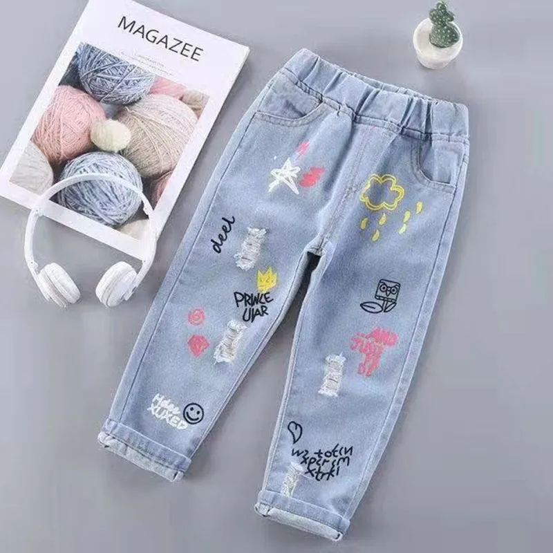 2-6 Y Girls\' Jeans 2023 Spring and Autumn New Print Girls\' Light Color Fashionable Jeans Kids\' Loose Girls\' Pants Kids Trousers