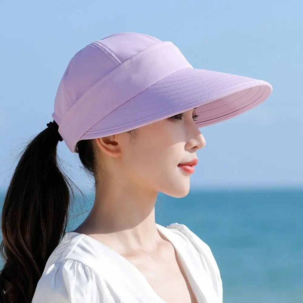 Detachable Women Summer Sun Hat Casual UV Protection Wide Brim Empty Top Ponytail Cap Foldable Adjustable Beach Cap