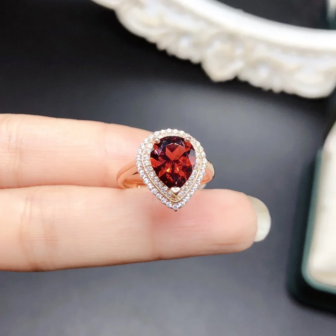 

925 Sterling Silver Natural Drop Garnet Ring Simple Generous Crystal Clear Ladies Ring Luxury Christmas gift Free shipping