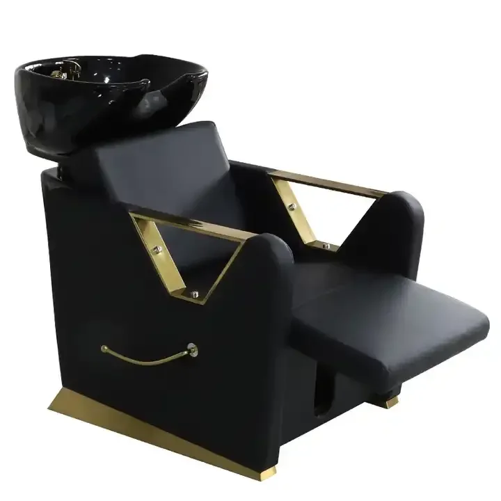 Black leather moder design shampoo chairs gold  metal  handle barber shop shampoo bed hair wash bowl sofa for sale