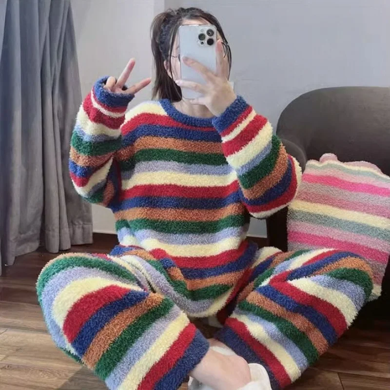 Fleece-Lined, Thickened, Half-Velour Women's Winter Pajama SetCute Rainbow Pattern, Korean-Style, Simple, and Warm Loungewear
