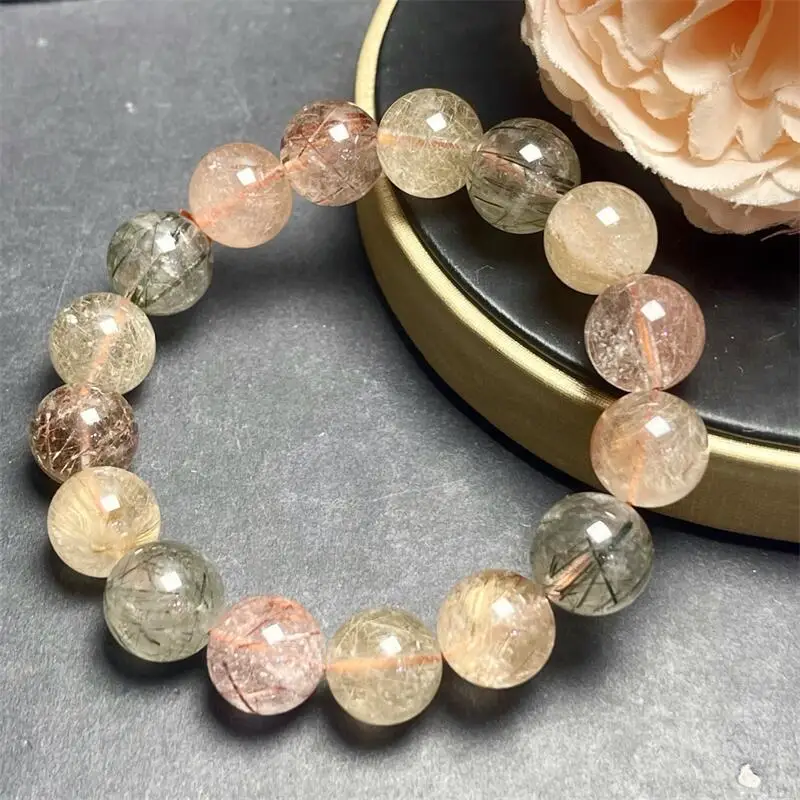 Natural Colored Rutilated Quartz Bracelet Gemstone Women Stretch Jewelry Healing Birthday Present 1pcs 10/12/13MM