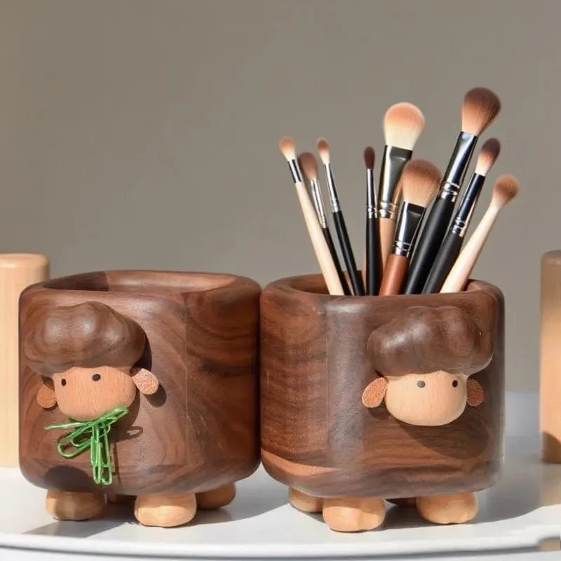 1pc Walnut Wood Sheep-Shaped Pen Holder Storage Box Large Capacity Creative Wooden Gift Multi-Functional Desktop Decor Organizer
