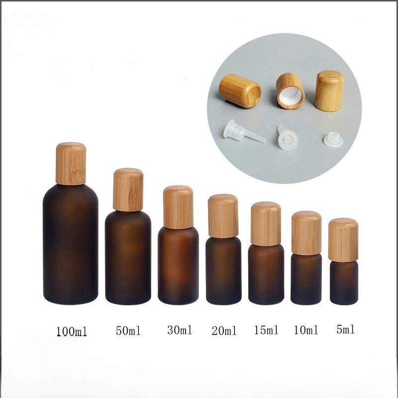 

5/10/15/20/30/50/100 мл коричневая матовая стеклянная бутылка эфирного масла с удлиненной бамбуковой завинчивающейся крышкой с 18 зубьями, капельная пробка, оптовая продажа
