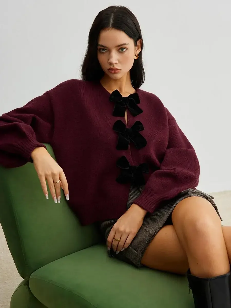 2026 Autumn Winter Sweet Cute Coquette Women Wine Red Sweaters Cardigan Loose Lantern Sleeve Bow Knitted Female Outerwears