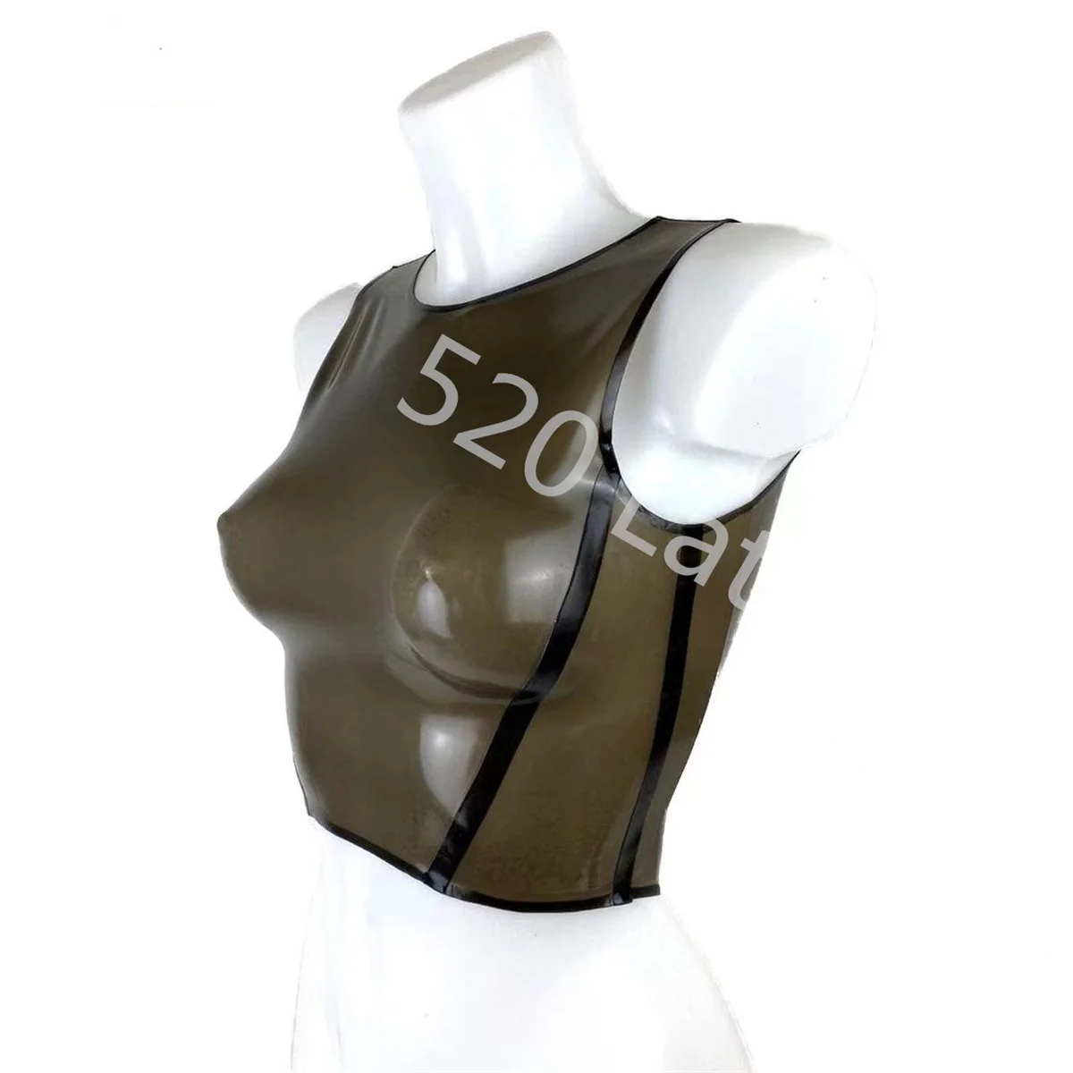 Handmade Natural Latex Rubber Cosplay Bodysuit Latex Gummi Woman Transparent Black Tops Vest Slim Fit Customize 0.4mm