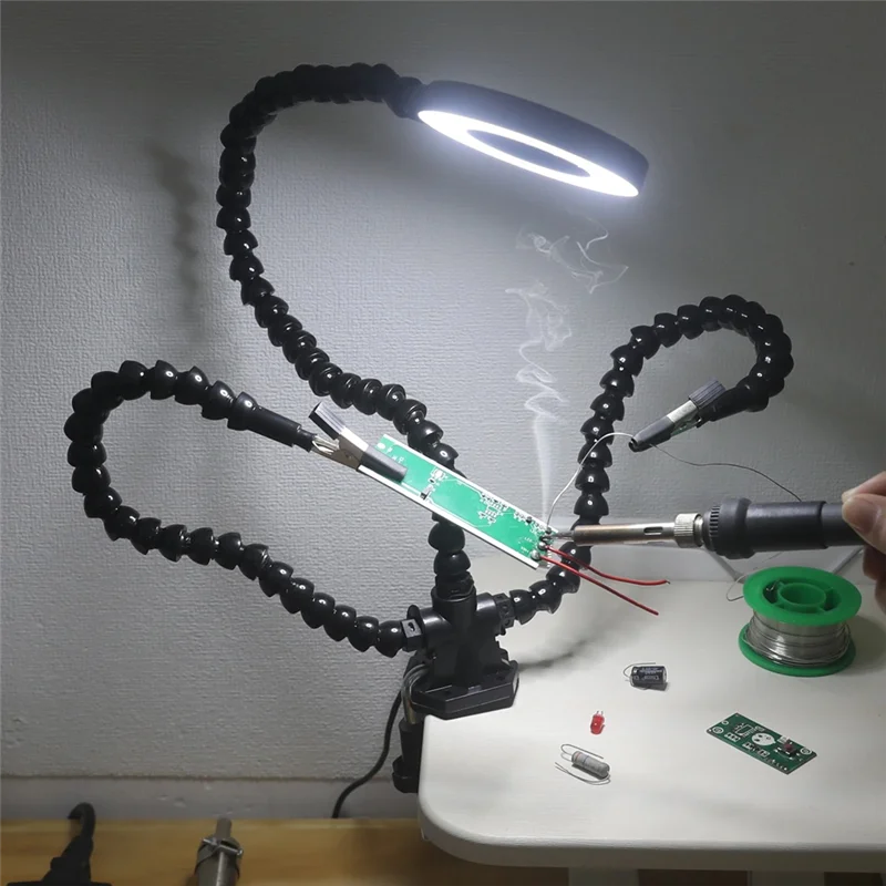 

A23P PCB Holder Desk Clamp Third Welding Station Flexible Arms LED Lamp Lighting Soldering Helping Hand Welding Tool