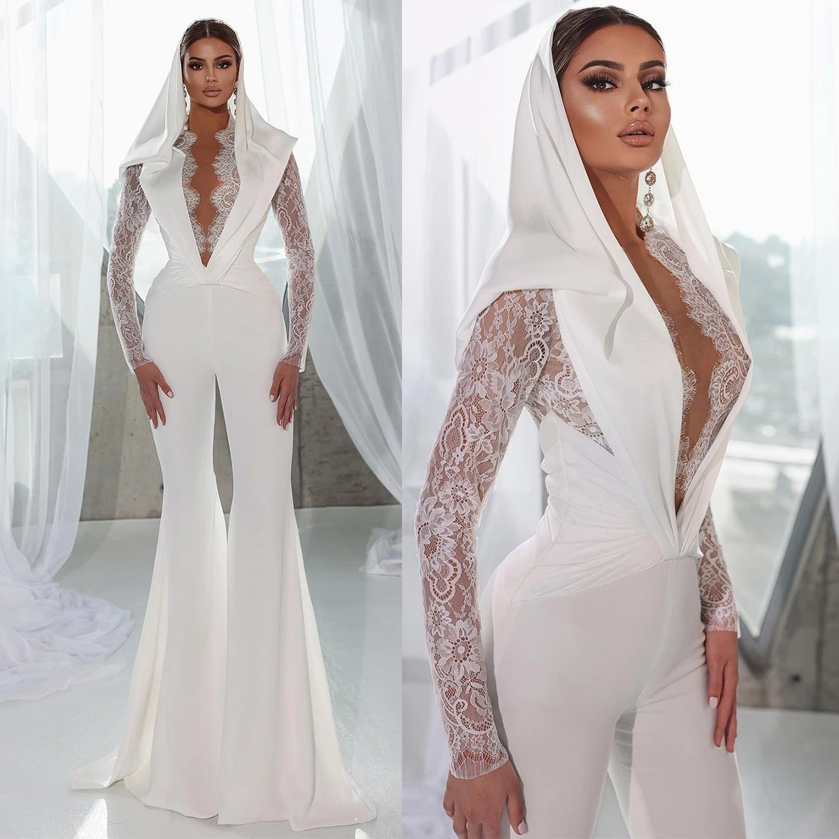 Simple Jumpsuit Bridal Gowns Deep V Neck Wedding Dress Custom Made Lace Appliques Vestido de novia