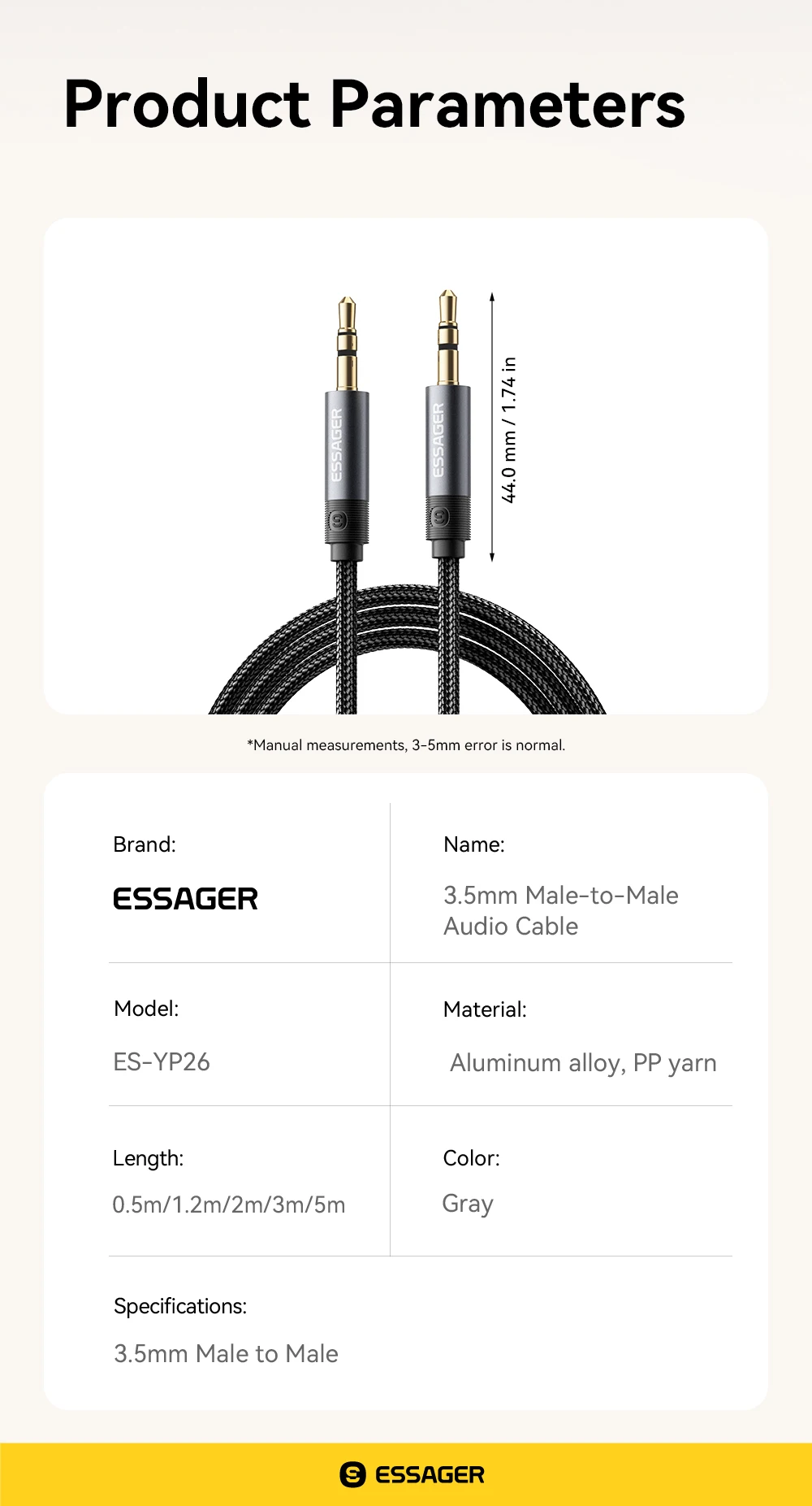 Essager 3,5-mm-Klinken-Audiokabel, 3,5-mm-Stecker auf Stecker, Audio-Aux-Kabel für Telefon, Kopfhörer, Autolautsprecher, Computer, Aux-Kabel 3M 5M – Detail 11