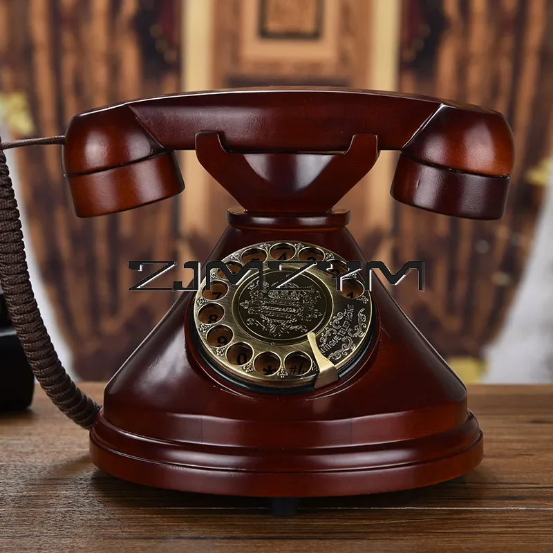 Solid Wood Retro Telephones Antique Caller ID Button Dial Fixed Telephone Decorative Landline Phone Home Office