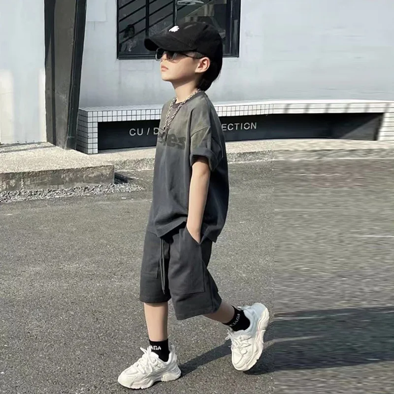 

Children's Summer Sports Casual Suit Letter Print Gray T-shirt Short-sleeved Work Shorts Boy Sports Suit