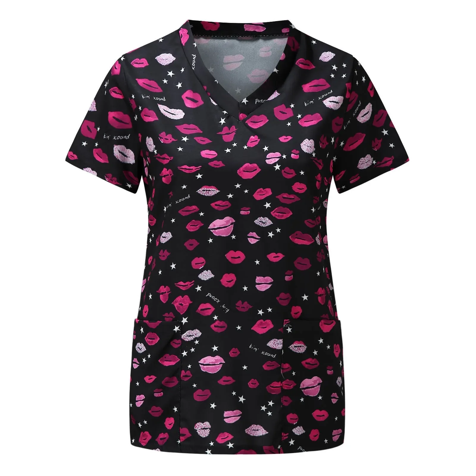 

Clinical Uniforms Woman Summer Working Nurse Blouse Short Sleeve V-neck Medicine Uniforms Tops sexy lips Printed Nursing Clothes