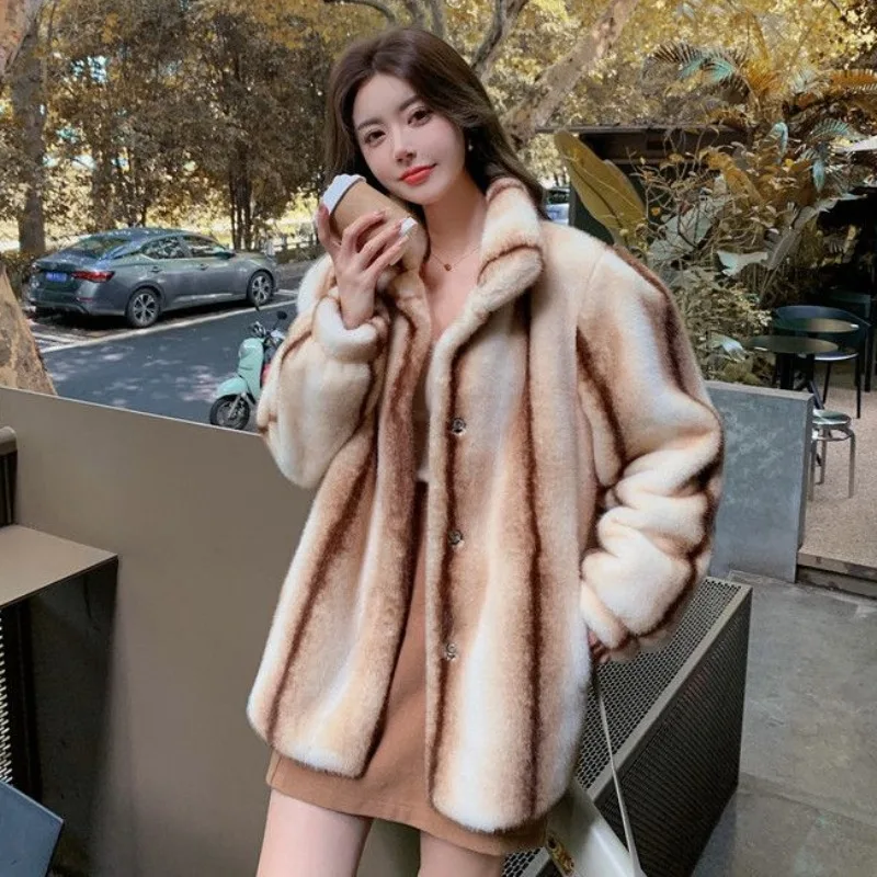 Women Fashion Retro Eco-friendly Fur Coat Winter New Female Mid-Length High-Grade Loose Casual Mink Fur Thicken Fleece Overcoat