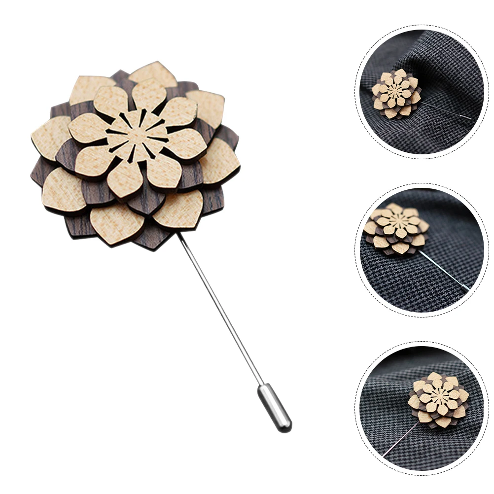 

Wooden Lapel Pin Men Flower Boutonniere Decorative Brocade Flowers for Suit Wedding Party Banquet Floral Accessories