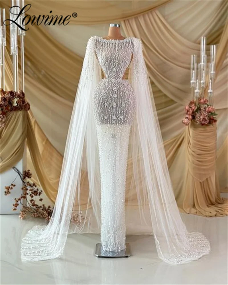 Pearl Dress Ivory Full Beaded Sequins Evening Dresses Cape Sleeeve Mermaid Arabic Party Gowns Customized Long Prom Dress Robes