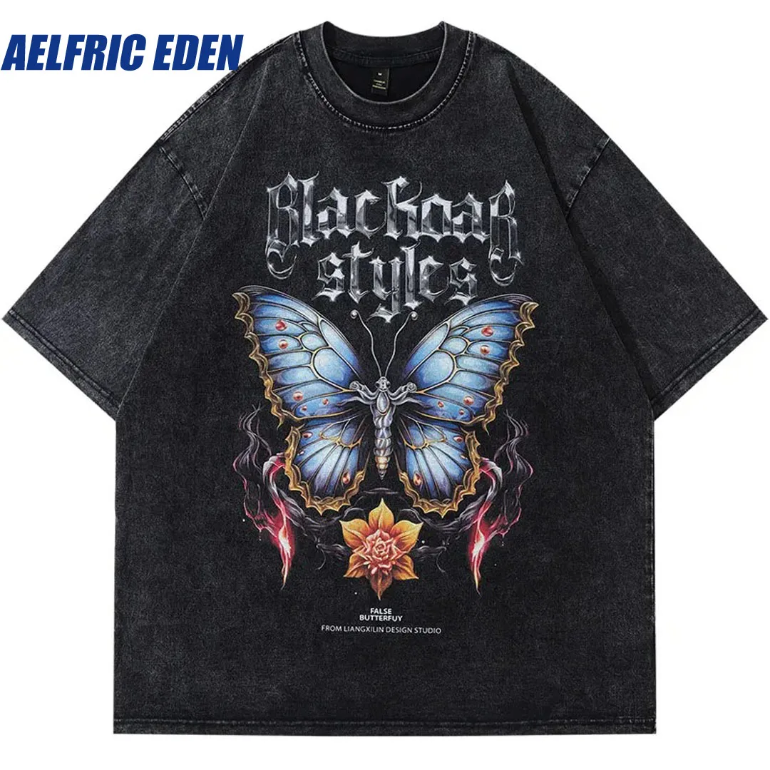 Aelfric Eden Hip Hop Washed T-Shirt Vintage Butterfly Flower Graphic Print Punk Gothic Oversize Tshirt Harajuku Punk Loose Tops