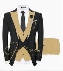 Smoking Slim Fit de lapela de pico masculino, terno de 3 peças, terno de negócios, colete blazer e calças, últimos projetos, apto para casamento, melhor homem, últimos projetos