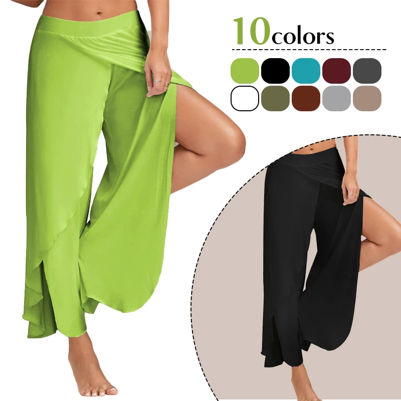 Summer Women Slit Flared Palazzo Trousers Wide Leg Pants Chiffon Side Split Casual Loose Pants Elegant Lady Harem Yoga Pants 5XL