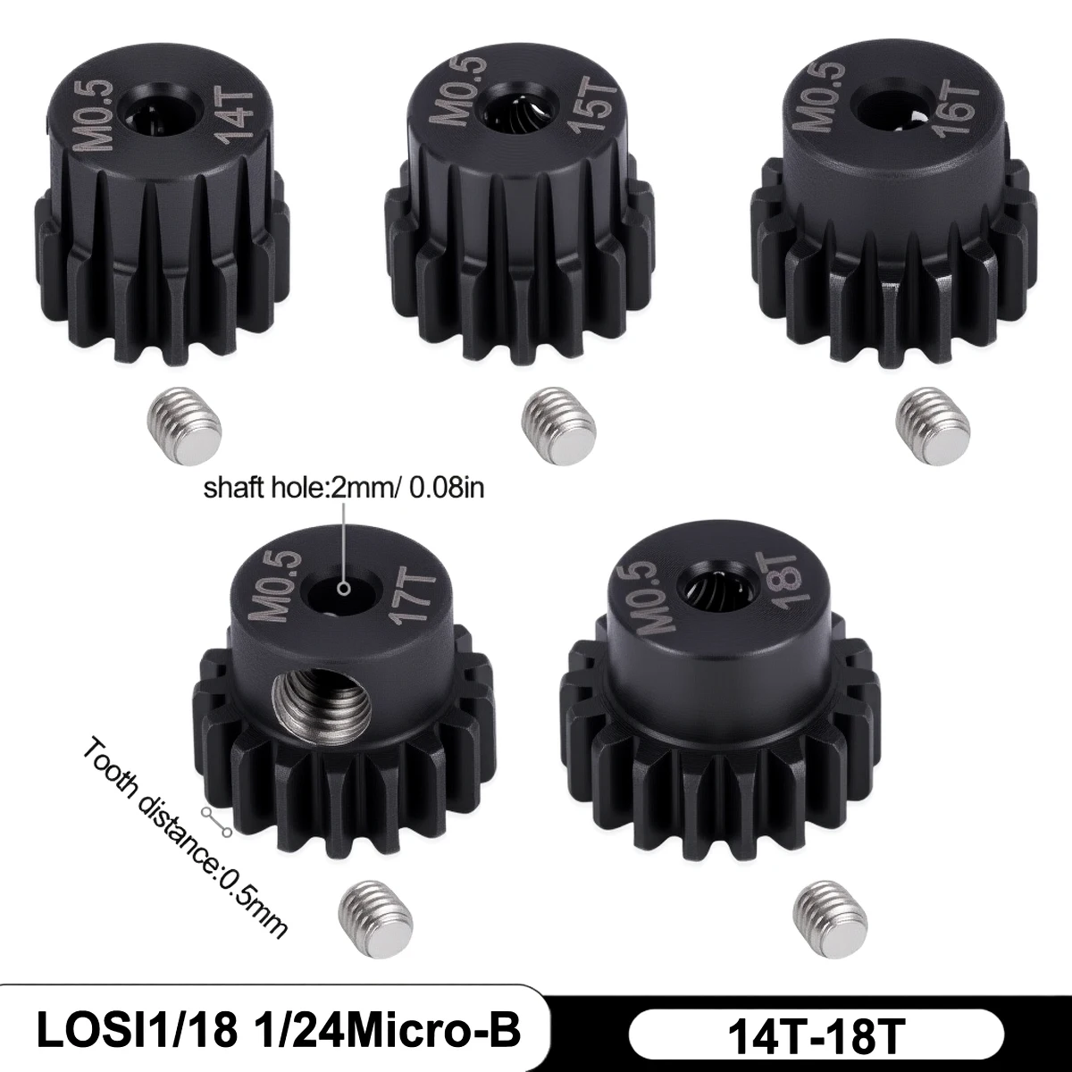 M0.5 2mm Shaft 14T-18T Metal Pinion Gear, for LOSI 1/18 1/24 Micro-B Buggy, RC Car Motor Accessories Part