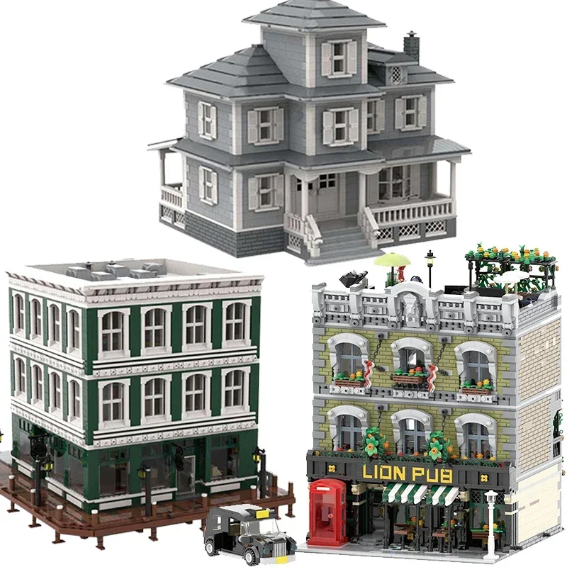 

Country House Architecture Building Blocks City Street View Bricks Set Bookstore Shop Lion Tavern Toy Gifts for Children