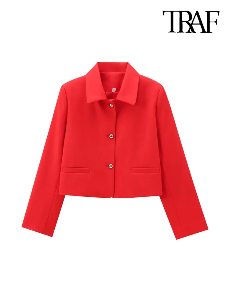 TRAF-Front Button Jacket for Women, Long Sleeve Coat, Lapel Collar, Female Outerwear, Chic Tops, Fashion