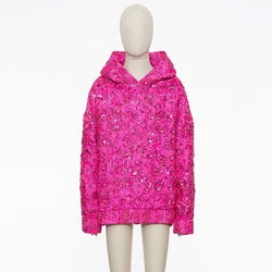 Autumn and winter mid length hooded sweatshirt for women, jacquard fabric, heavy duty studded beads, loose fitting top