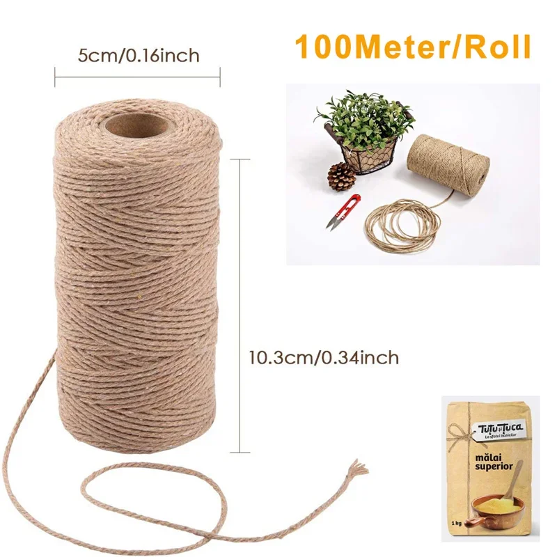 Rollo de hilo de Yute Natural para manualidades, cuerda de embalaje para regalos, para envolver fotos y jardín, 100 m/rollo