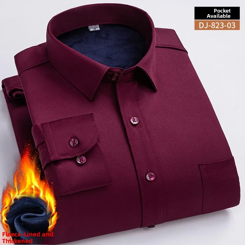 

Winter Thickened Fleece Business Casual Shirt Men's Iron-free Standard Fit Long Sleeve Red Wine Color Trendy Workwear