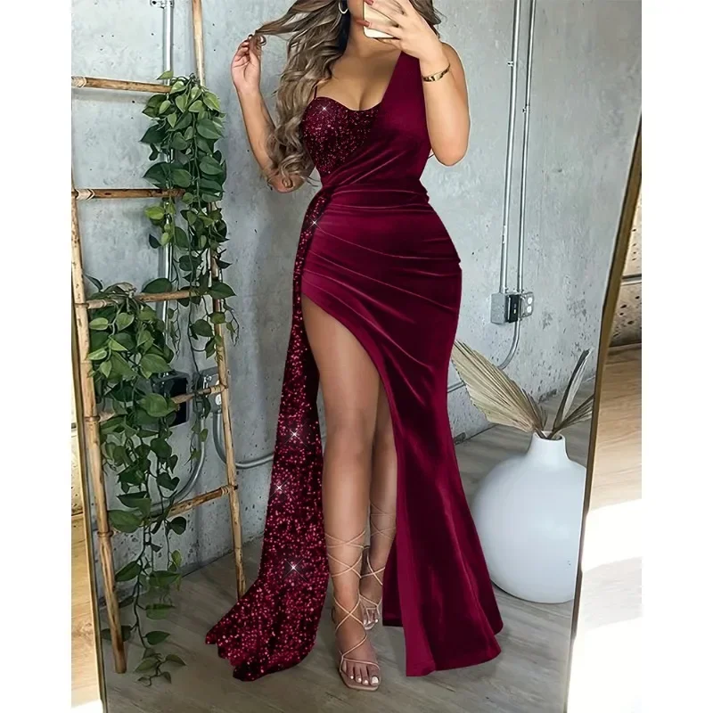 Sequins Velvet Patchwork Slit Evening Dress Women Y2K Elegant One Shoulder High Waist Corset Ruched Floor Length Maxi Dress