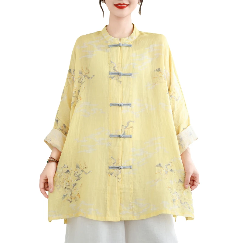 Retro Sle Button up Cotton Linen Print Long Sve Stand Collar Batwing irt Sun Protection Outerwear for plus Size Women