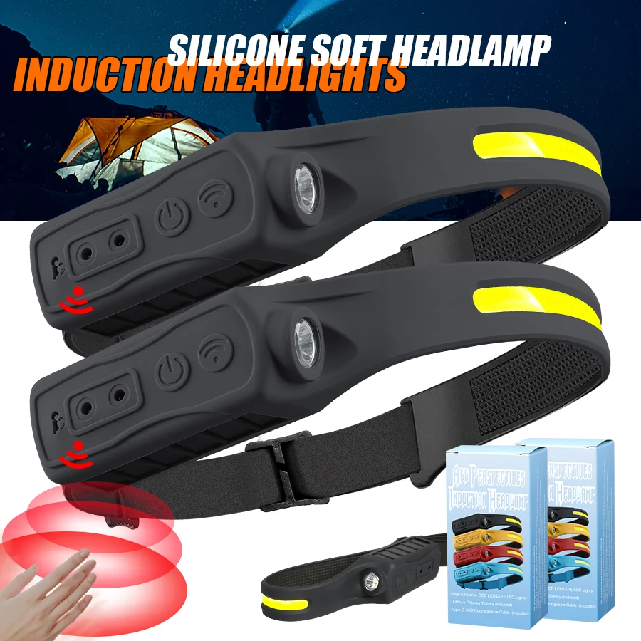 COB LED Sensor Head Lamp Induction Headlamp Built-in Battery Flashlight USB Rechargeable Head Torch 5 Lighting Modes Headlight