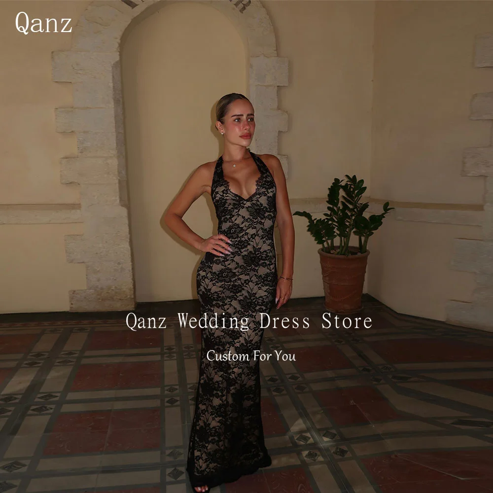 Qanz Graceful Lace Evening Dresses Halter Deep V Neck Mermaid Inner Lining Prom Gown Backless Vestidos De Gala Customized