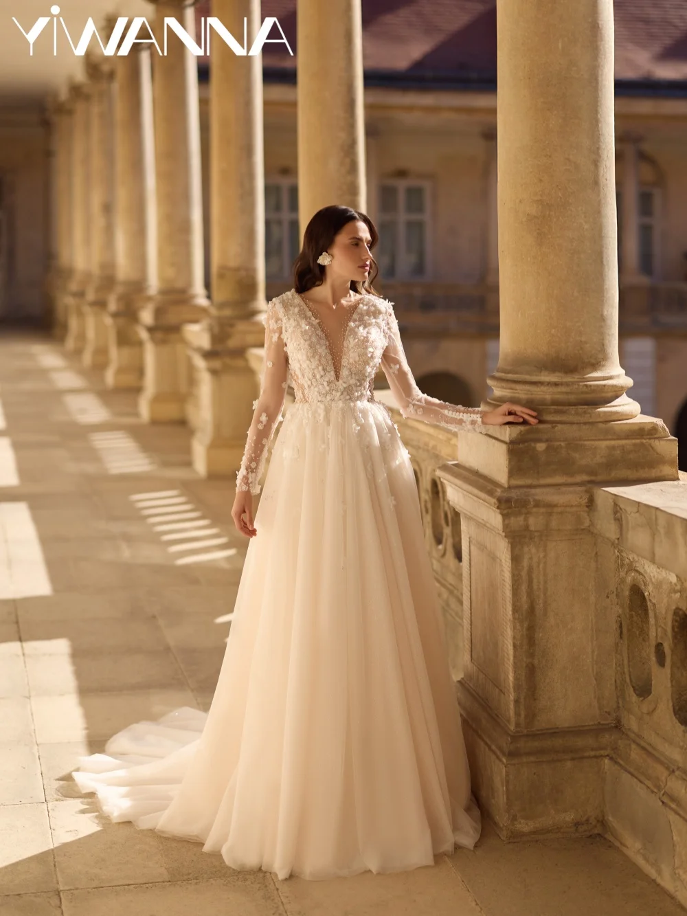 

New Dreamy Glitter Beaded Wedding Dress 3D Floral A-line Long Elegant Bridal Gown Customized Classic Vneck Dresses For Bride