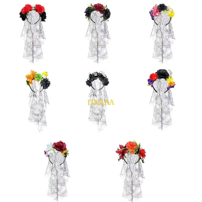DXAA Halloween Skull Flower Veil Hairband Adult Kids Costume Event Hair Accessory