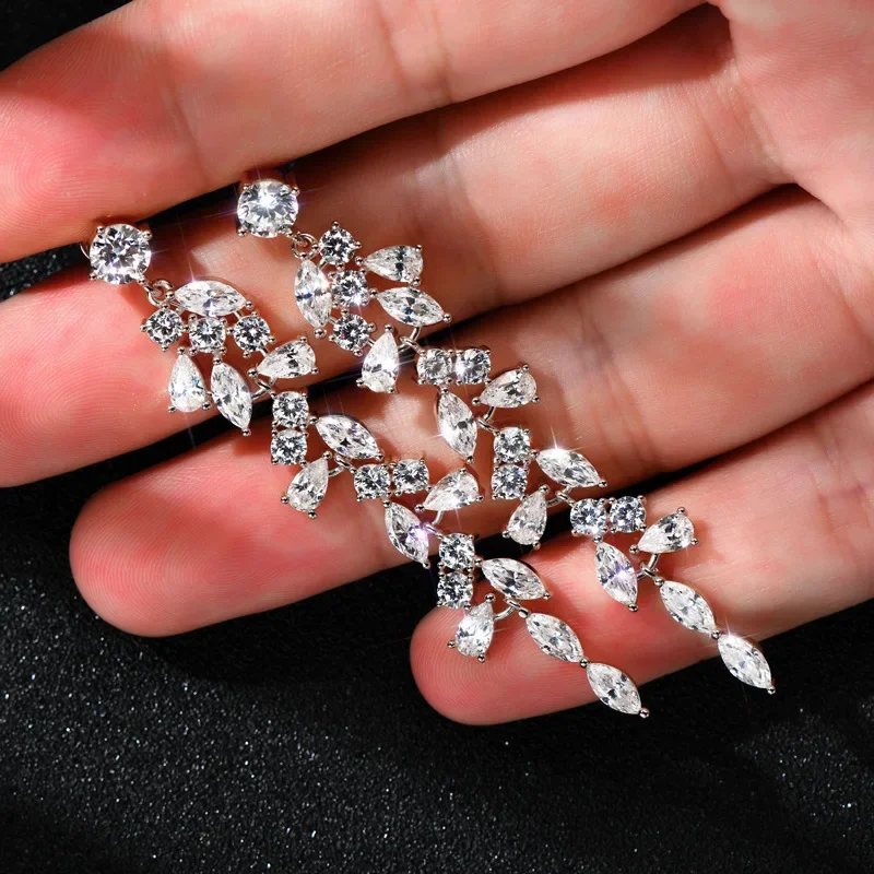 Luxury 100% S925 Sterling Silver Drop Earrings For Women Girls S925 Silver Plated 18K Wedding Bride Earrings Party Gifts Jewelry