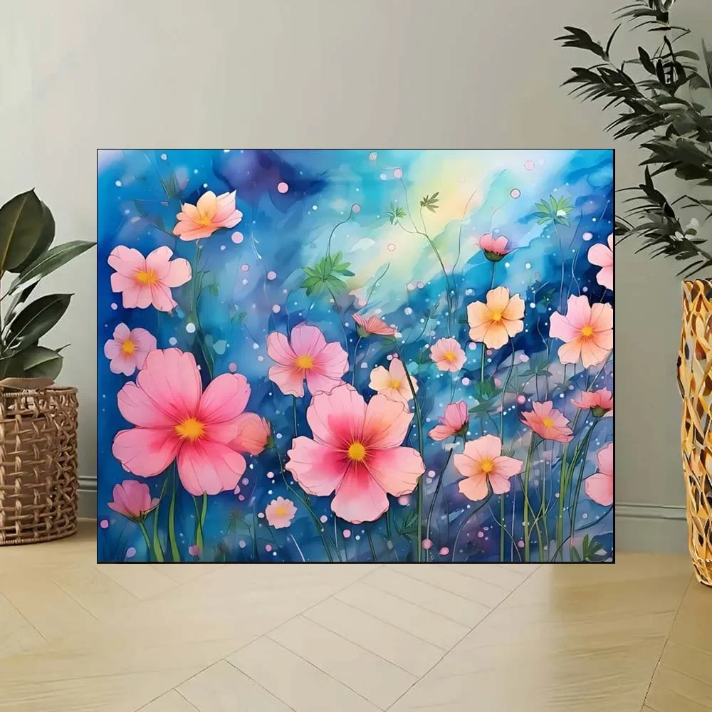 ألوان مائية وردية كوزموس زهور بتلات ناعمة مركز صفراء لتقوم بها بنفسك طقم طلاء زيتي رقمي للبالغين بدون إطار