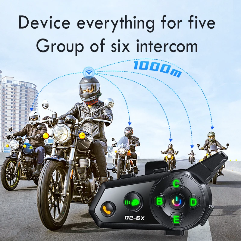 Kebidumei D2-6X Motorcycle Helmet Intercom Headset 1000M Wireless Interphone Communicator for 6 Riders Music Share Waterproof